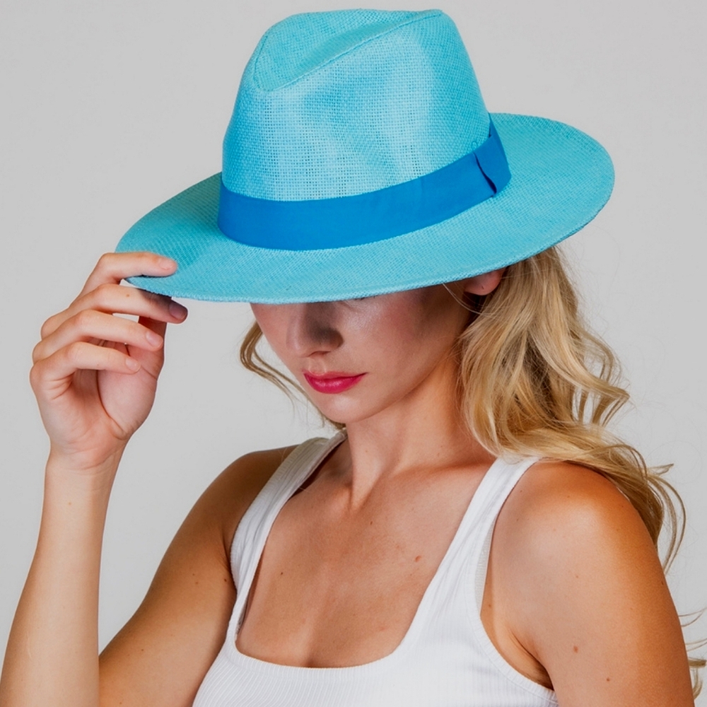 Beloved Millinery Classic Fedora Panama Style Belted Blue Straw Hat